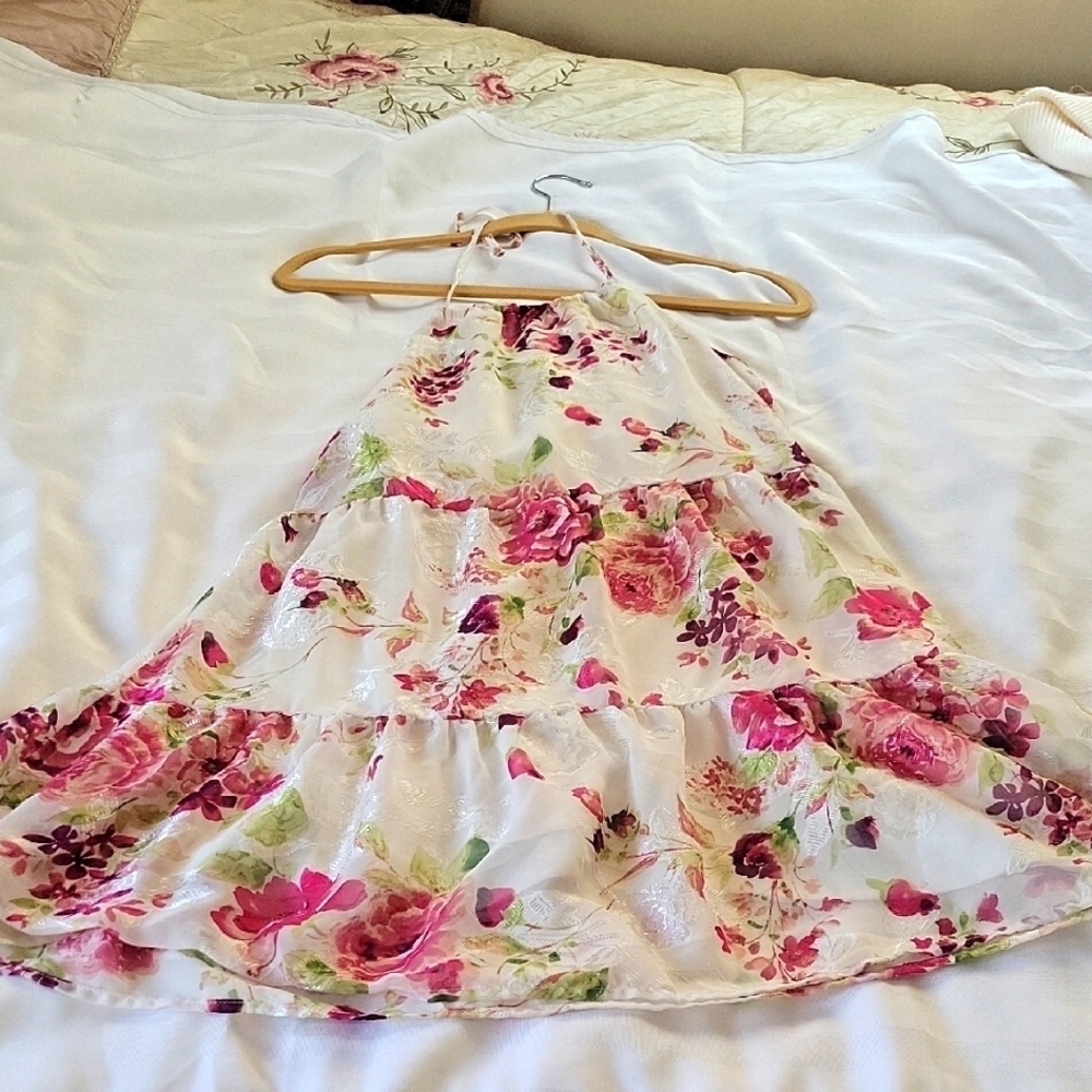 The Childrens Place Girls White Pink Rose Floral Tiered Halter Dress, Size: 14